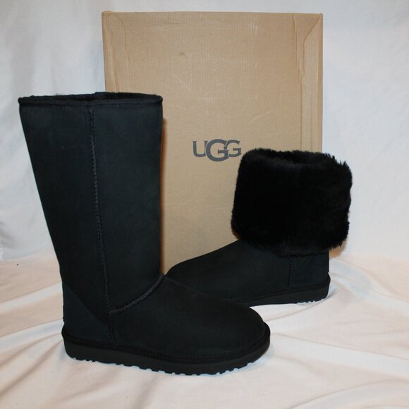 NIB UGG CLASSIC TALL II WATER RESISTANT SUEDE SHEARLING LINED BOOTS BLACK - Picture 1 of 6